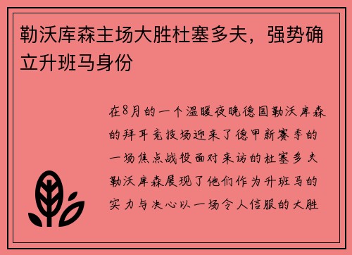 勒沃库森主场大胜杜塞多夫，强势确立升班马身份